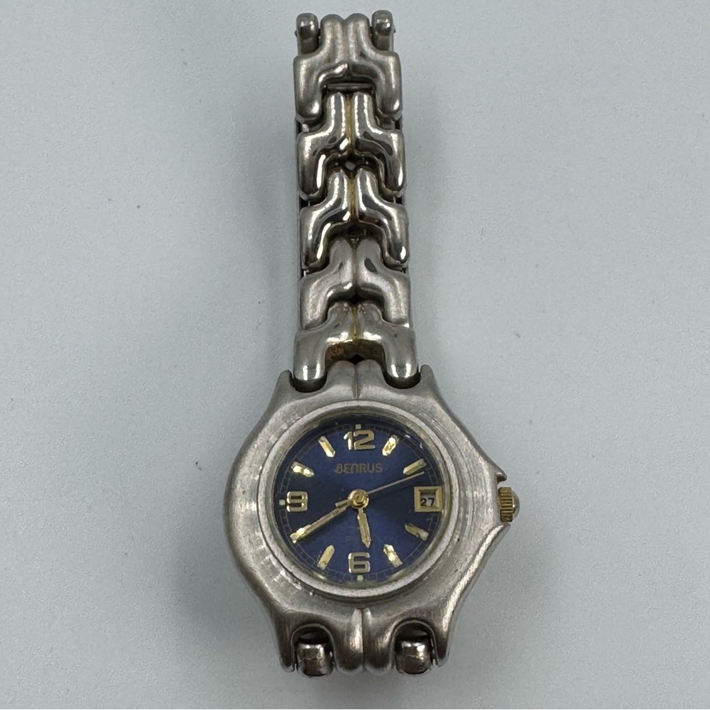 Benrus Silver Tone Navy Face With Gold Accents Ladies Small Bracelet Watch Works
